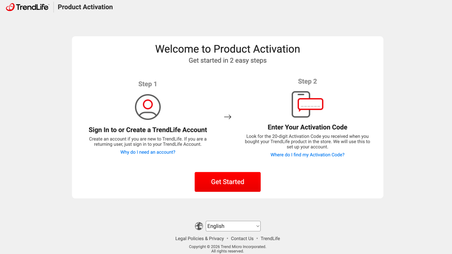 TrendLife service activation page showing Step 1 (Sign in to account) and Step 2 (Enter serial number) with a red 'Start setup' button in the center.