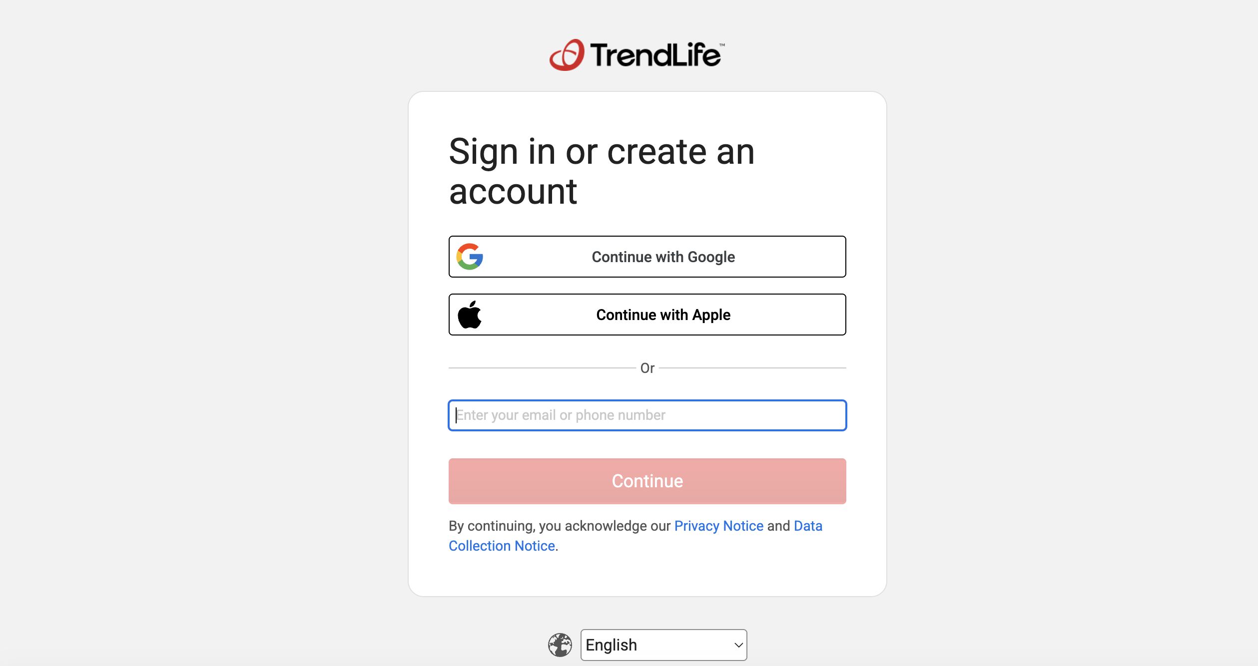 TrendLife login or account creation screen with buttons for LINE, Google, Apple, and email address sign-in.