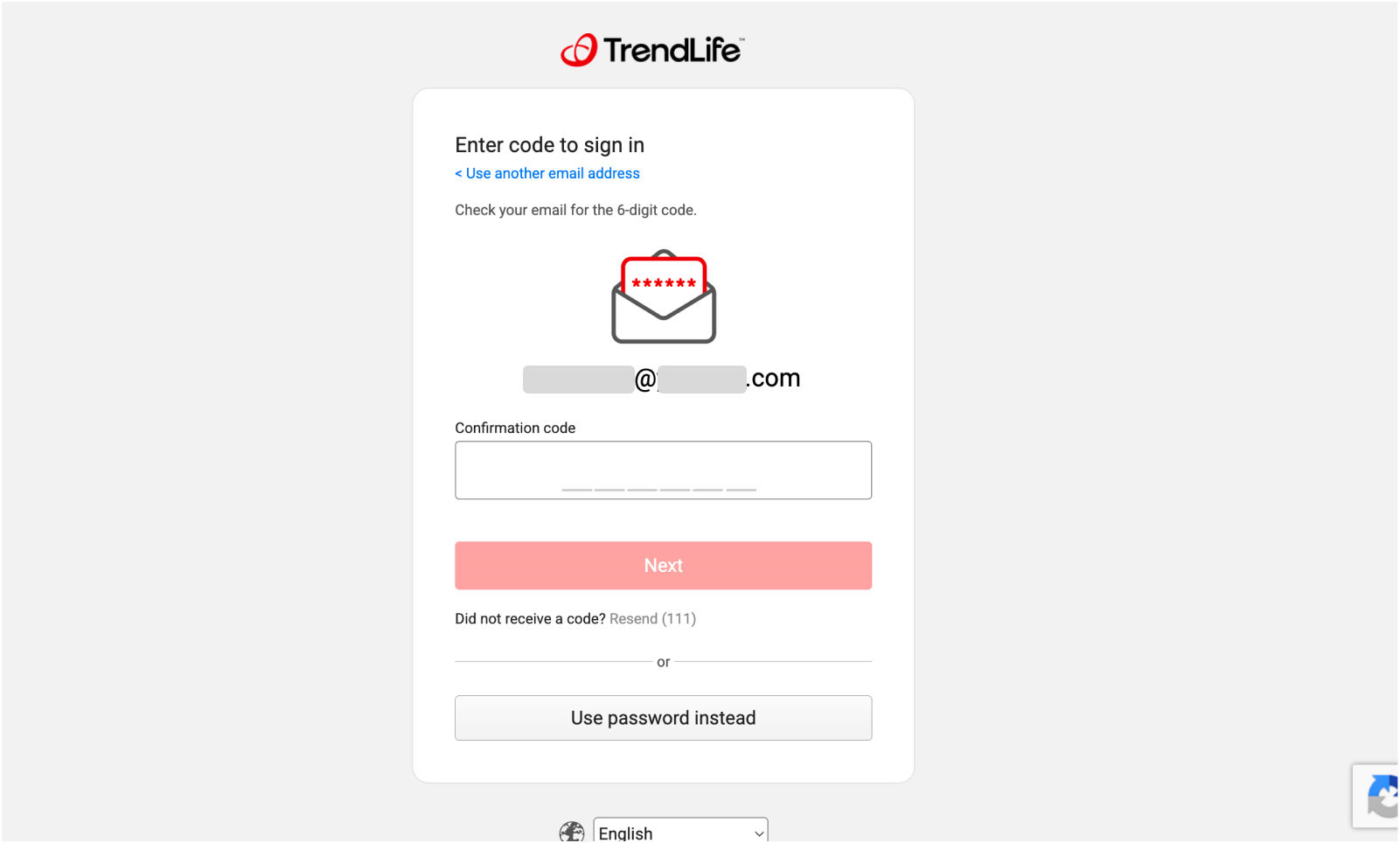 Login screen with 6-digit verification code input field and Next button below.