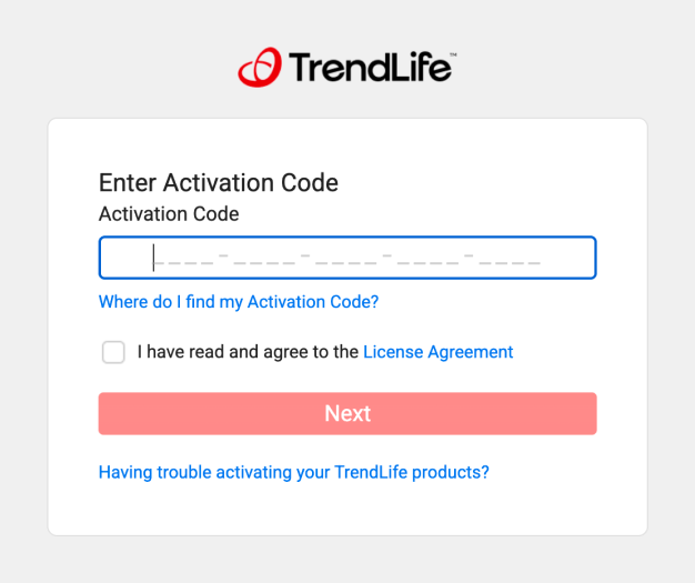 Serial number input screen with code entry field in the center and Next button below.