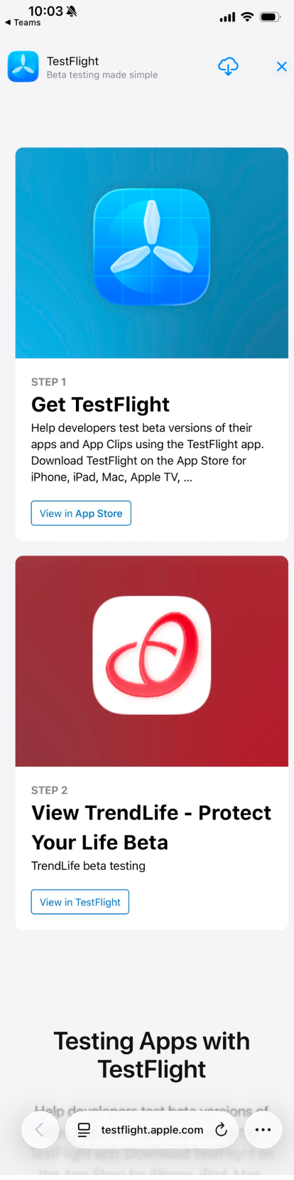 TestFlight landing page in Safari showing Step 1 'Get TestFlight' and Step 2 'View TrendLife Beta'.