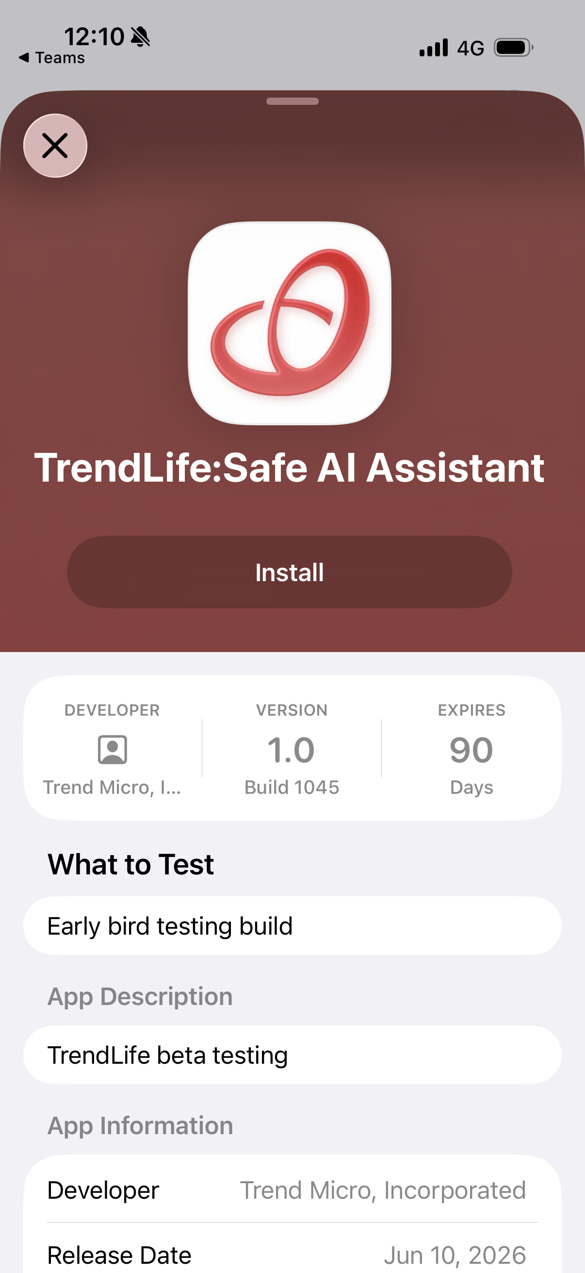 TrendLife Beta details screen in TestFlight with red app icon and Install button.