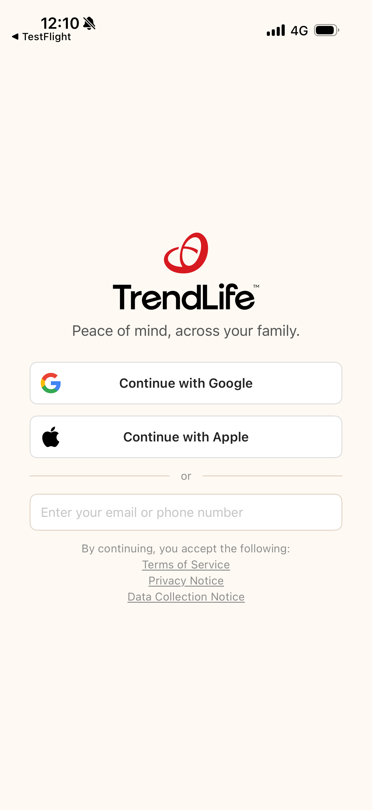 TrendLife app sign-in screen.