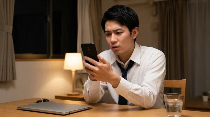 社内関係者から来たメールに気付き、夜の自宅でスマートフォンの画面を確認する会社員